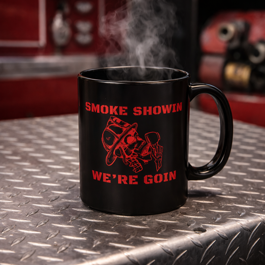 Smoke Showin We’re Goin Firefighter Coffee Mug – Black 11oz / 15oz – Red Skull Fire Helmet Design – Fireman Gift