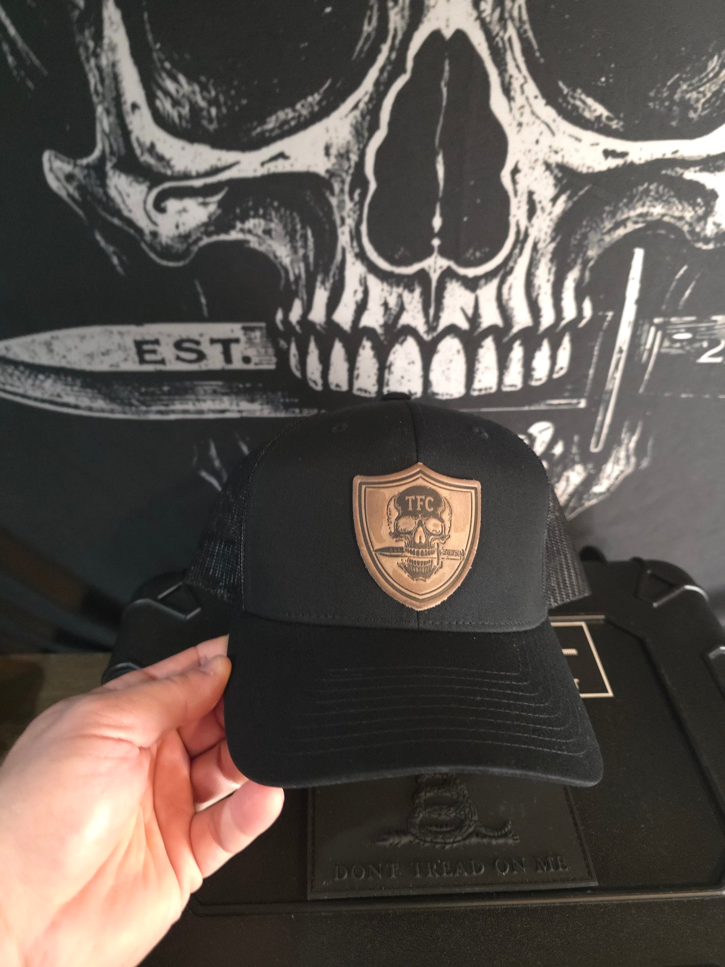 Tactical Fashion Company Leather Shield Hat – Black & Grey Trucker Cap | Premium Leather Patch | Tactical Hat
